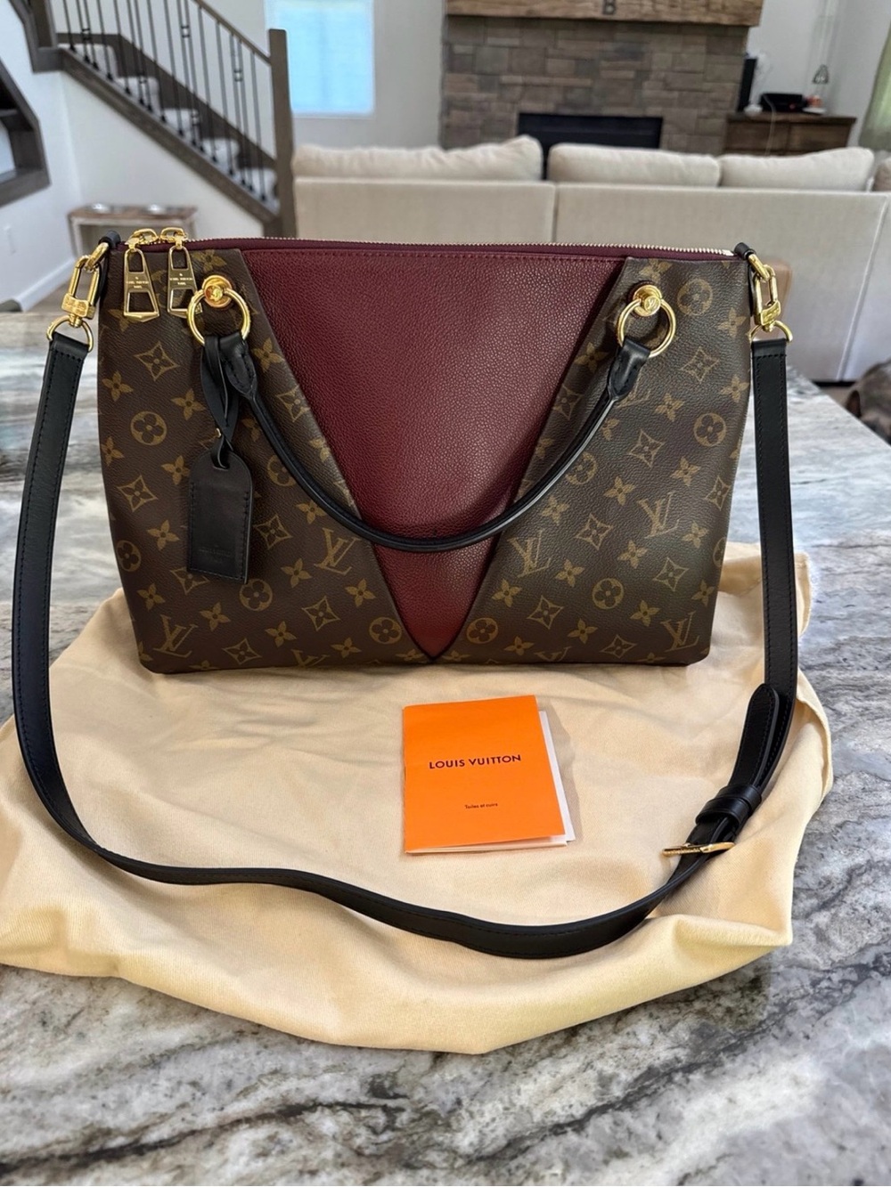 Louis Vuitton Monogram Shoulder Bag with Burgundy V-Panel and Black Strap